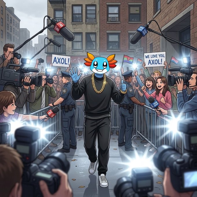 An illustrated scene showing a figure with a blue axolotl/mascot head wearing a gold chain and black outfit, waving to a crowd of fans holding signs reading 'AXOL!' and 'WE LOVE YOU, AXOL!' while surrounded by police, paparazzi with cameras, and microphones.