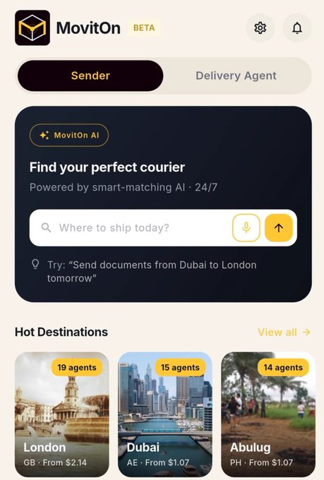 A mobile app interface for "MovitOn BETA" showing a "Find your perfect courier" feature powered by smart-matching AI, with hot destinations including London, Dubai, and Abulug.