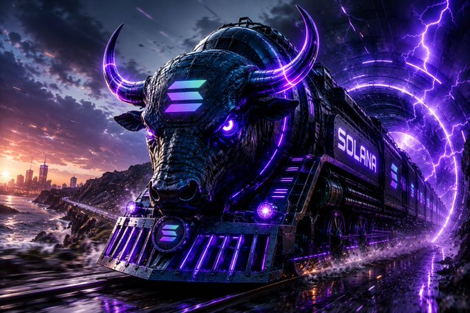 A dramatic digital artwork of a futuristic train with a glowing purple bull head and 'SOLANA' displayed on its side, emerging from a swirling purple portal with lightning over a coastal cityscape at sunset.