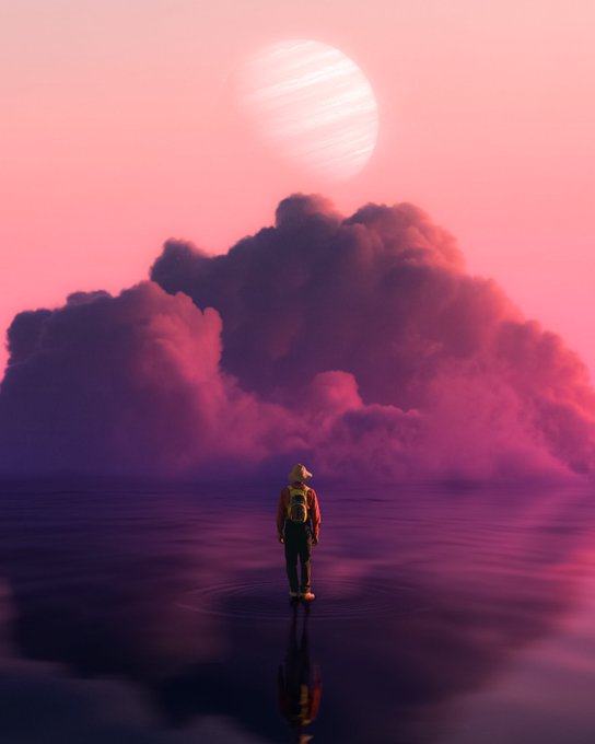A surreal digital artwork showing a person in a yellow jacket standing on water, facing a large purple cloud beneath a massive pale moon in a pink sky.