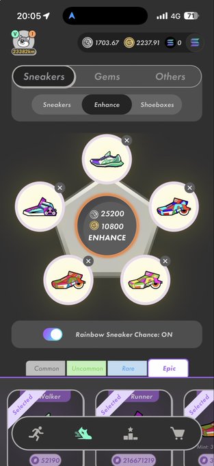 The image shows a STEPN game "Enhance" screen displaying a sneaker enhancement attempt using one green sneaker and four colorful sneakers, requiring 25,200 G and 10,800 GMT to upgrade from Common/Uncommon to Epic tier, with the Rainbow Sneaker Chance toggle turned ON. The post humorously complains about losing all Epic Common socks in the chaotic enhance process, lamenting no upgrades despite the effort, while hoping to eventually combine the Epic Runner with GMT savings to create a Legendary ASICS Runner.