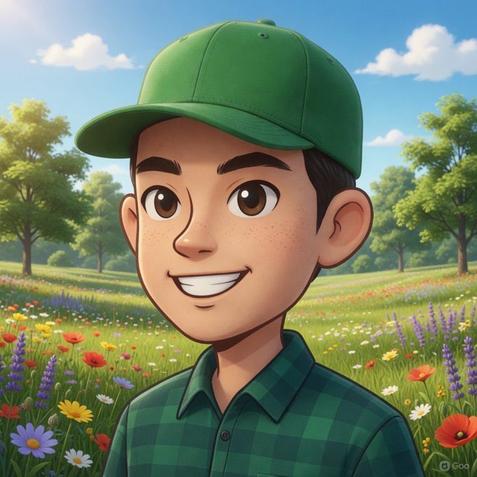 An animated cartoon-style illustration of a smiling boy wearing a green baseball cap and a green plaid shirt, standing in a vibrant meadow filled with wildflowers and trees under a blue sky.