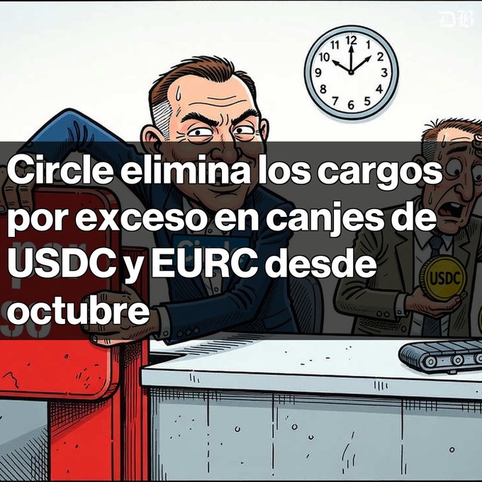 A comic-style illustration of two sweating men at a desk, one hiding a red box and the other holding a USDC coin, with Spanish text reading 'Circle elimina los cargos por exceso en canjes de USDC y EURC desde octubre.'