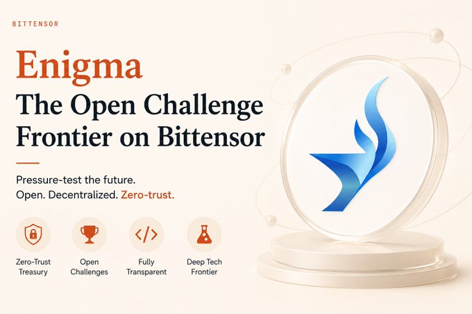 Promotional graphic for Bittensor's Enigma, described as 'The Open Challenge Frontier on Bittensor,' highlighting 'Zero-Trust Treasury, Open Challenges, Fully Transparent, Deep Tech Frontier' with a stylized blue bird logo.
