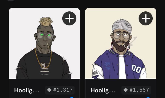 Two NFT profile picture cards displayed side-by-side feature cartoon characters, one with blonde hair and glowing green glasses holding a guitar, and another with a beanie and glasses smoking, both labeled 'Hoolig...' with NFT transaction numbers.