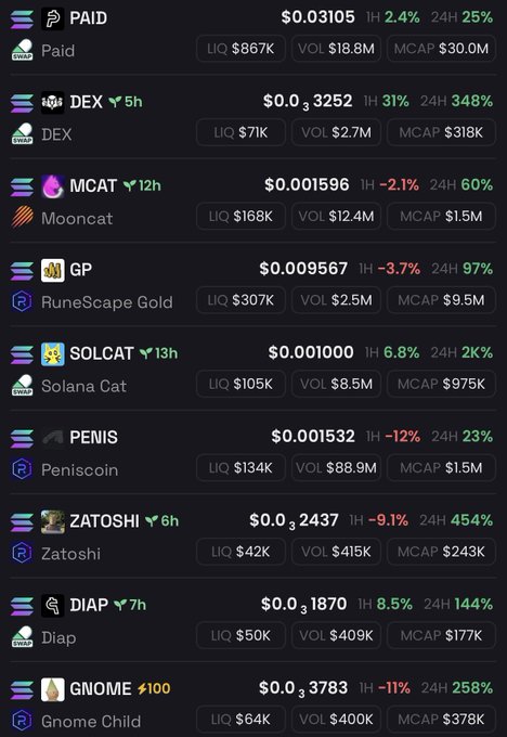 A list of Solana memecoins including PAID, DEX, MCAT (Mooncat), GP (RuneScape Gold), SOLCAT (Solana Cat), PENIS (Peniscoin), ZATOSHI, DIAP, and GNOME (Gnome Child) with their prices, liquidity, volume, and market caps.