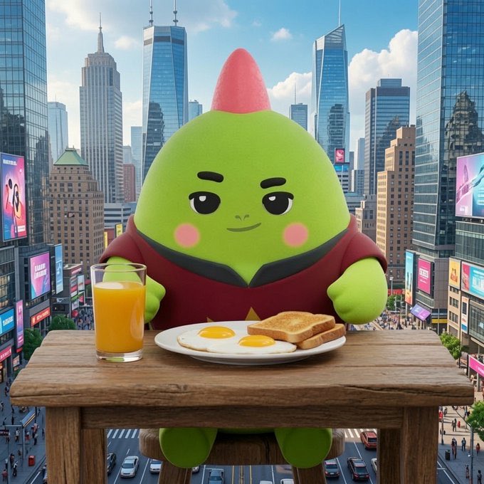 A green cartoon character with a pointed head and red cape sitting at a wooden table with breakfast (eggs, toast, orange juice), set against a cityscape resembling Times Square.