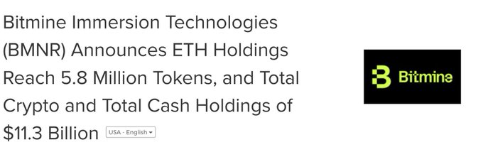 A headline reading "Bitmine Immersion Technologies (BMNR) Announces ETH Holdings Reach 5.8 Million Tokens, and Total Crypto and Total Cash Holdings of $11.3 Billion" alongside a green Bitmine logo.