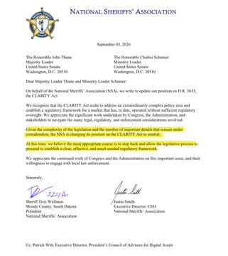A document from the 'National Sheriffs' Association' addressed to US Senators, with two paragraphs highlighted in yellow concerning a legislative process.