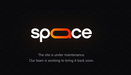 A maintenance page with the logo 'space' on a dark hexagonal background, with text stating 'The site is under maintenance. Our team is working to bring it back soon.'