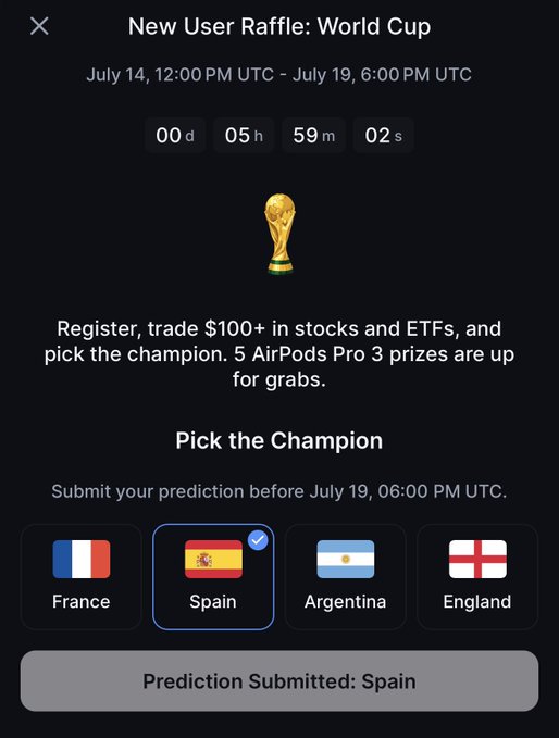 Mobile app screen for a 'New User Raffle: World Cup' promotion running July 14-19, offering 5 AirPods Pro 3 prizes, with the user having picked Spain as their predicted champion.