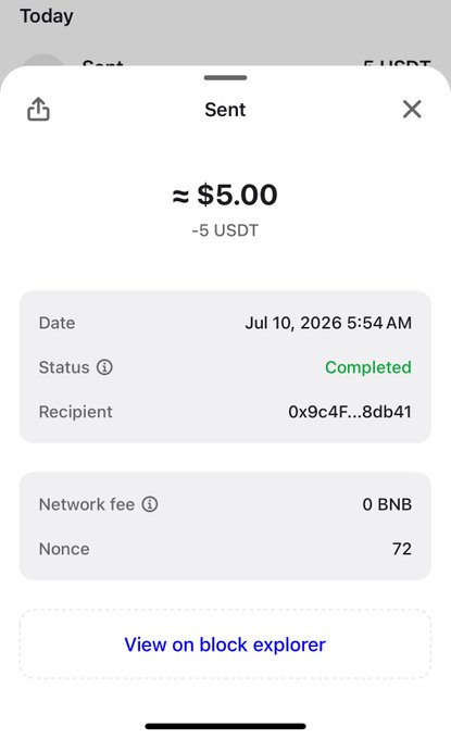 A screenshot of a completed cryptocurrency transaction showing a sent amount of approximately $5.00 (5 USDT) on July 10, 2026. The image appears unrelated to the accompanying post about tea and coffee, as it instead displays blockchain transaction details with a recipient address of 0x9c4F...8db41 and zero BNB network fee.