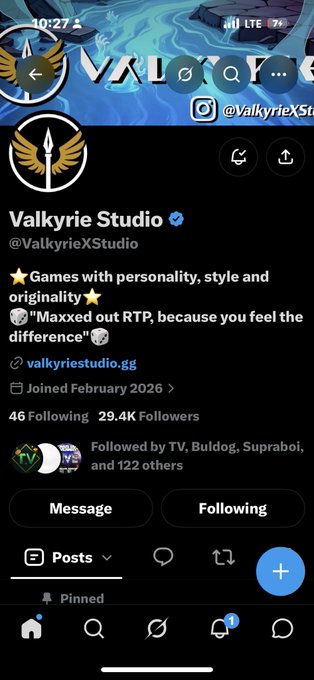 A Twitter profile page for @ValkyrieStudio with 29.4K followers, featuring a black logo with golden wings and the tagline 'Games with personality, style and originality.'