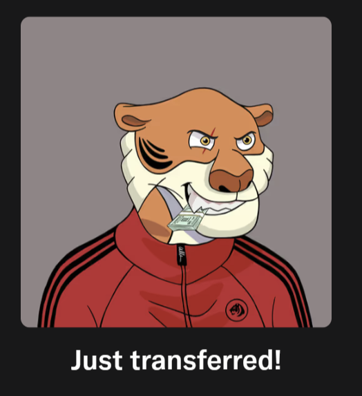 A cartoon mascot of a snarling weasel or ferret in a red tracksuit with money in its mouth, with the caption 'Just transferred!' below.
