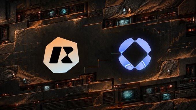 A dark, digital-art style image showing a glowing white octagonal logo with an 'R' alongside a blue circular emblem with a black center, set against a stone-like background with circuit patterns.