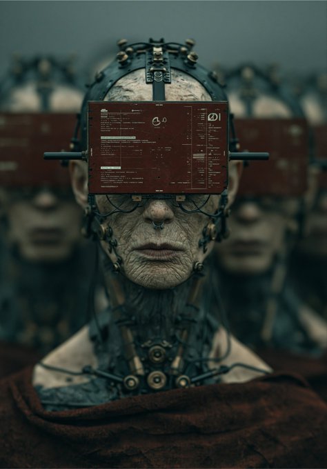 A cyberpunk-style portrait shows a pale, scarred humanoid face with exposed mechanical components and cables integrated into the skin, obscured by a red digital screen displaying code-like text and the partially visible text "CODE RED" along the bottom. The figure appears in the foreground with similarly styled figures blurred in the background.