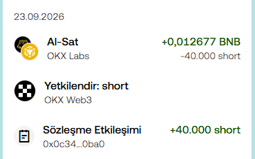 A crypto transaction record dated 23.09.2026 showing an "Al-Sat" trade of +0.012677 BNB (short -40,000) by OKX Labs, with a subsequent contract interaction of +40,000 short.