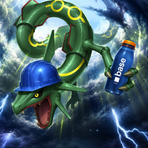 An AI-generated illustration depicts Rayquaza, a green serpentine Legendary Pokémon, wearing a blue construction helmet and holding a blue beverage bottle labeled 'base' against a dramatic stormy sky background.