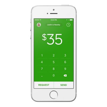 A white iPhone displays the Cash App interface showing a green screen with "$35" prominently displayed, a numeric keypad, and "REQUEST" and "SEND" buttons at the bottom under the header "Justin is Nearby." The clean, minimalist design illustrates the post's point that Cash App's early 2014 interface remains a benchmark of simplicity that many newer crypto apps have yet to match.