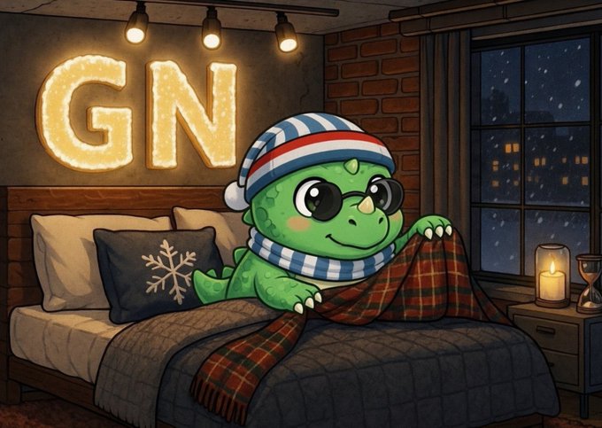 A cartoon illustration of a green dinosaur character wearing a striped beanie and scarf tucked into bed with a plaid blanket, beneath illuminated 'GN' signage in a cozy room with a candle and snowy window view.