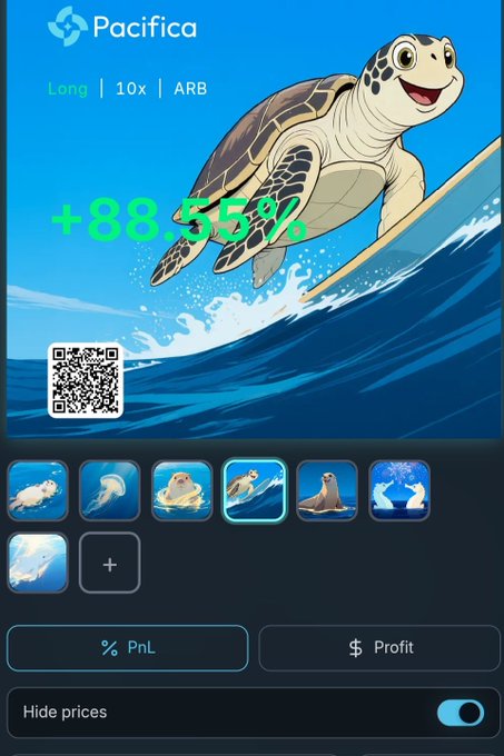 Pacifica trading app screenshot showing a turtle surfing on a wave artwork with '+88.55%' PnL displayed in green, labeled 'Long | 10x | ARB' with a QR code and emoji icons below.