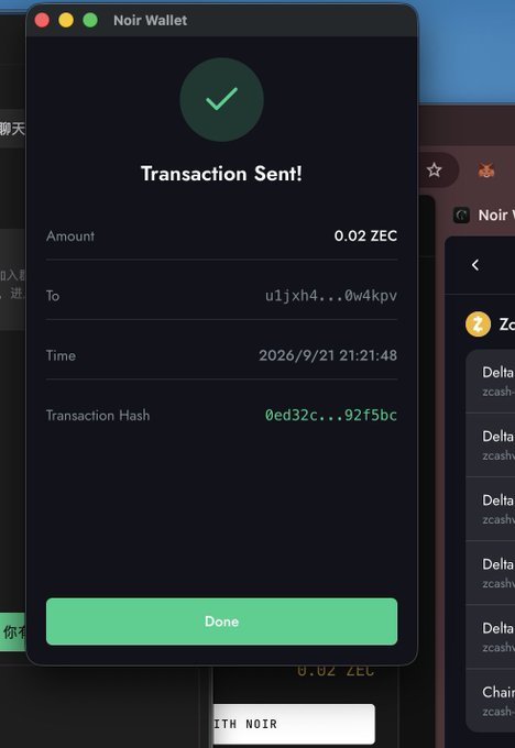 A Noir Wallet screenshot confirming a transaction of 0.02 ZEC sent to address u1jxh4...0w4kpv on 2026/9/21 at 21:21:48, with transaction hash 0ed32c...92f5bc.