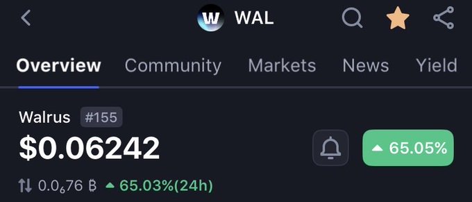 A cryptocurrency tracking screen displays information for 'Walrus (#155)' token (WAL) priced at $0.06242, showing a 65.05% increase.