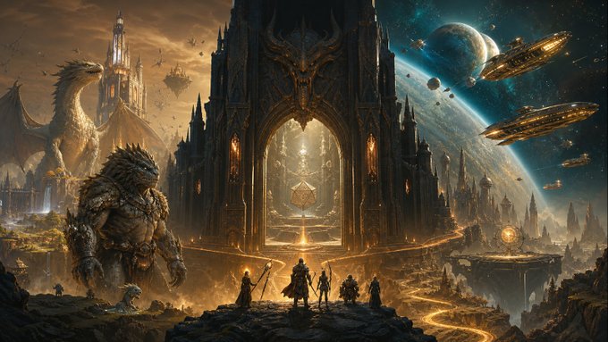 A fantasy digital artwork depicting a group of adventurers standing before a massive gothic gateway with dragons, floating islands, and a planet with spaceships in the background.