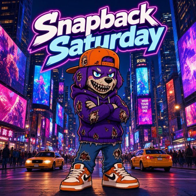 A stylized illustration of a purple wolf-like character wearing a tattered hoodie, cap, and sneakers against a neon-lit Times Square backdrop with 'Snapback Saturday' text.