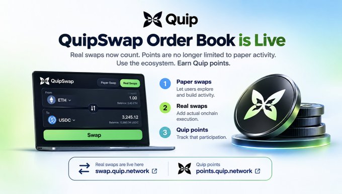 Advertisement for Quip showing "QuipSwap Order Book is Live" with text explaining paper swaps, real swaps, and Quip points.