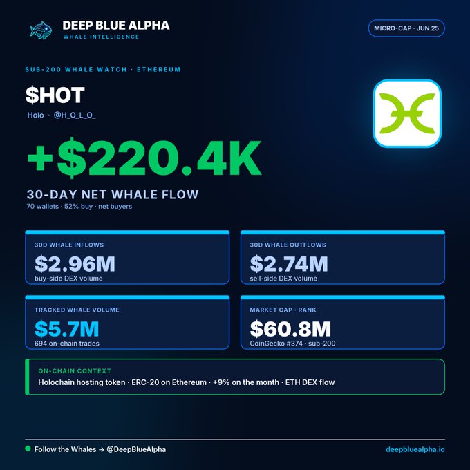 Deep Blue Alpha whale intelligence report showing $HOT (Holo) with a +$220.4K 30-day net whale flow, including $2.96M inflows, $2.74M outflows, $5.7M tracked volume, and $60.8M market cap rank #374.