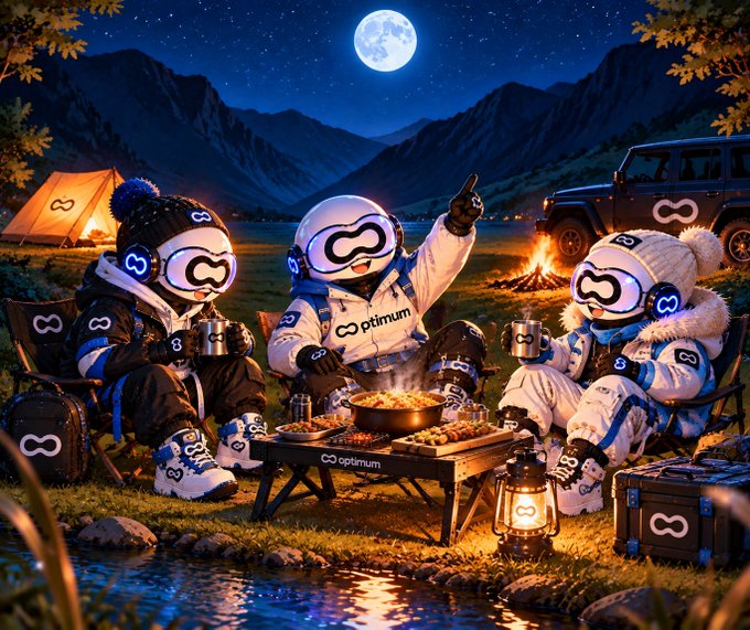 A digital artwork shows three characters wearing bulky white and blue futuristic spacesuits and glowing goggles, sitting around a campfire in a mountainous landscape at night under a full moon. The text 'optimum' is visible on their suits, and an infinity symbol logo appears on the background vehicles and equipment.