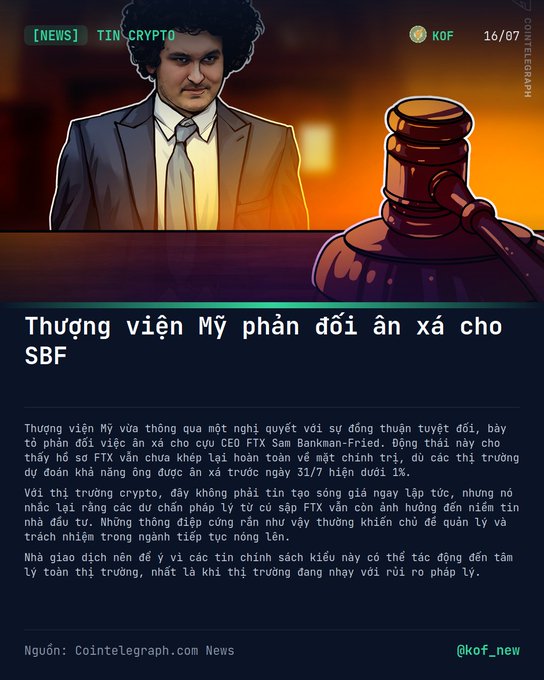 A Vietnamese crypto news graphic from TIN*CRYPTO dated 16/07 featuring an illustration of Sam Bankman-Fried with a gavel, reporting that the US Senate has pardoned SBF.