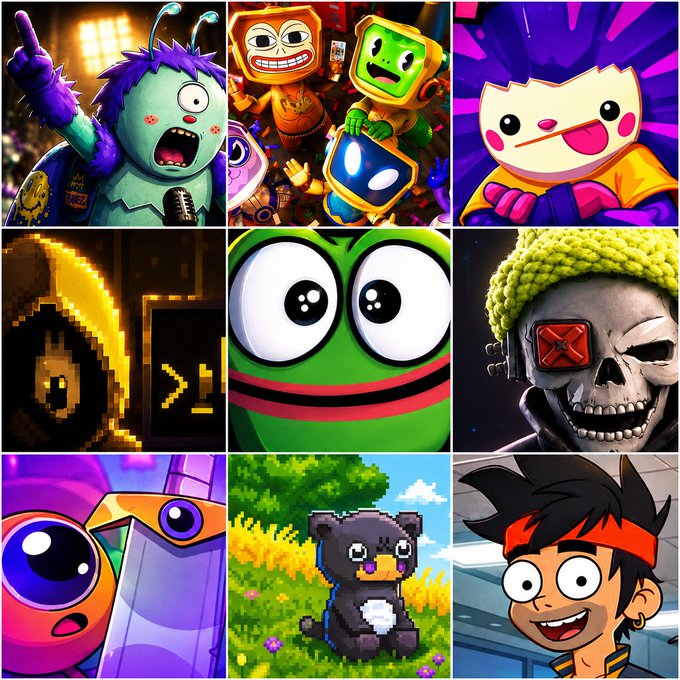 A 3x3 collage of various colorful cartoon and video game characters, including a green zombie, a pixelated creature, a large-eyed green character, a skull with a yellow hat, and a smiling boy with a red headband.