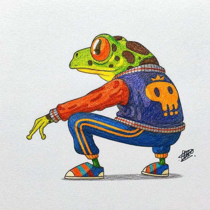 A colorful illustration of a green frog character wearing a blue varsity jacket with a skull design, an orange sleeve, blue track pants, and sneakers, posed in a crouched stance.