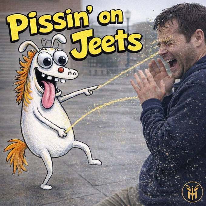 A comedic graphic with the text 'Pissin' on Jeets' showing a cartoon unicorn urinating on a man who is reacting in horror.