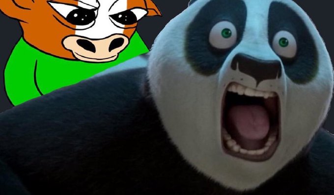 The image features a cartoon panda with its mouth open wide, making an angry face as if it's shouting at someone or something. Behind the panda, there is a cartoon cow with horns, giving the impression that they are engaged in a heated exchange. The caption of the image reads "TE : Damn bro".