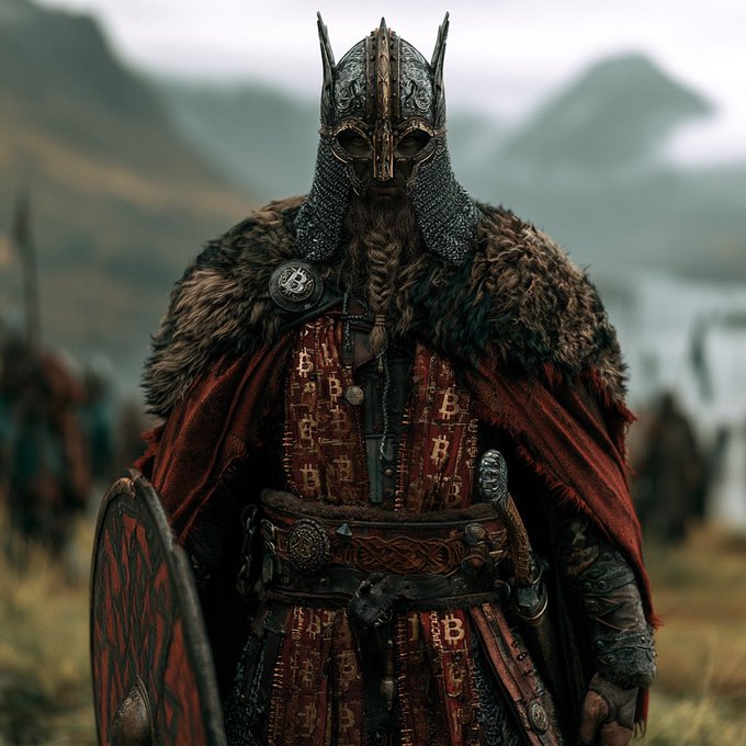 A fierce Viking warrior stands in a misty landscape, clad in chainmail, fur, and a horned helmet, gripping a red shield and sword. The image evokes the post's message—"Sound money is worth defending"—by depicting a battle-ready defender prepared to protect what is valuable.
