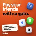 An orange advertisement reading 'Pay your friends with crypto' showing Crypto.com App icons and a message 'They sent it on Crypto.com Pay to a person or merchant'.