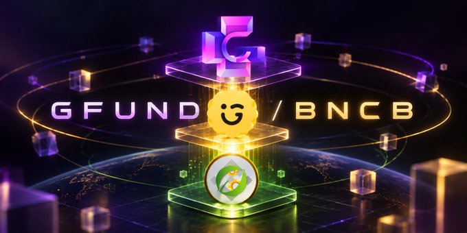 A promotional graphic featuring the logos 'GFUND / BNCB' with a smiling coin character and a green globe icon set against a purple cosmic background with floating cubes.