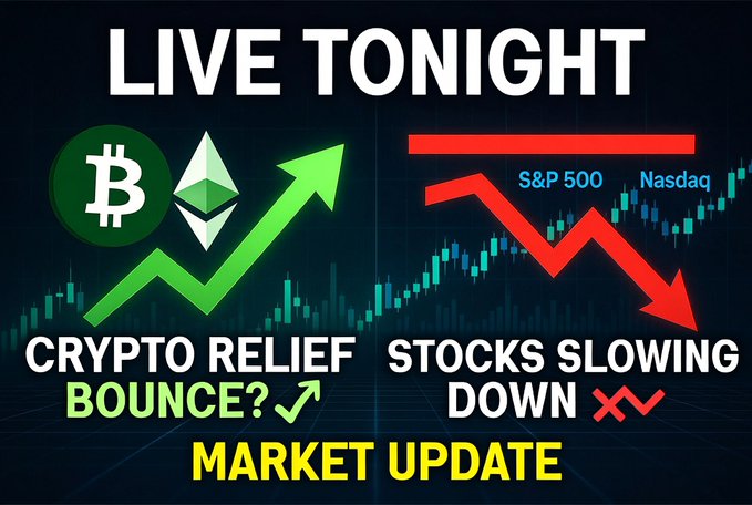 The image displays a graphic representing the cryptocurrency market update with a green Bitcoin symbol, a white Ripple symbol, and an arrow pointing to Bitcoin's upward trend. In the bottom right corner of the image, there are bullet points stating that Cryptocurrency Relief, Stocks Slow down Down, Market Update occurs at 10 pm, and a bounce for Cryptos like $BTC is expected.