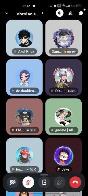 Discord voice channel interface titled 'obrolan s...' showing multiple speaker avatars including Axel Knox, Dam, de.doubleu, Dit, Eld, gnome, and Jake, with active and muted participants.