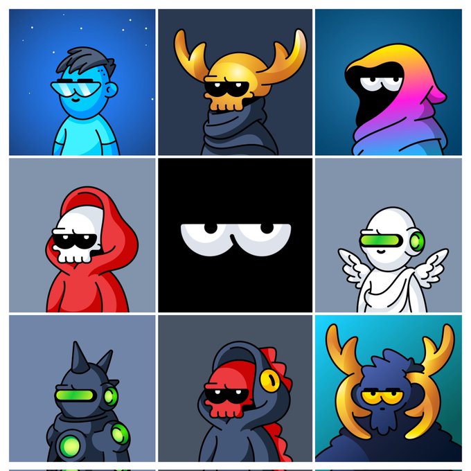 A 3x3 grid of stylized cartoon character icons featuring various designs including figures with sunglasses, skulls, hooded figures, and colorful gradient characters on dark backgrounds.