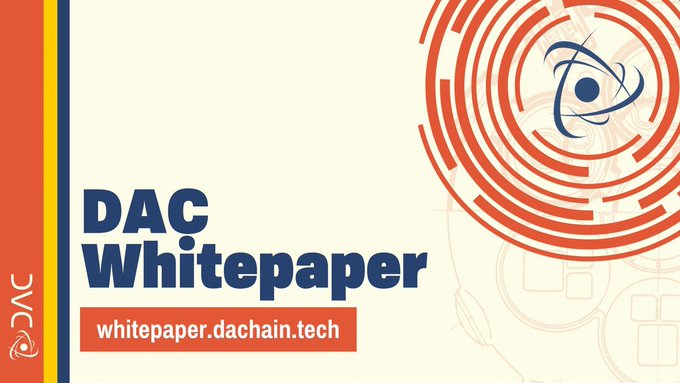 The image features a white paper with red circles and an orange logo for "DAC Whitepaper". The text "DAC Whitepaper" is written in blue at the top of the paper, while the logo is positioned below it. The paper has a simple design with no other objects or elements surrounding it.