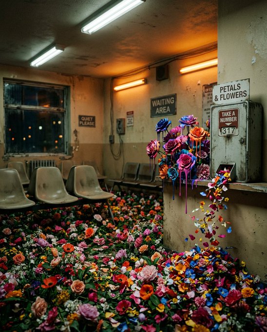 A surreal scene of a dingy waiting room labeled 'WAITING AREA' and 'PETALS & FLOWERS - TAKE A NUMBER 317' overflowing with vibrant flowers spilling across the floor.