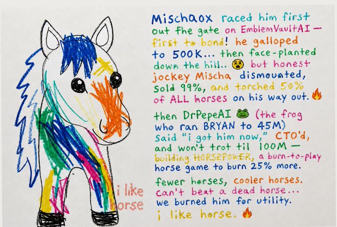 A child's colorful crayon drawing of a rainbow horse with handwritten text telling a crypto trading story about 'Mischaox' racing out the gate on 'EmblemVaultAI', bonding to 500K, facing the 'kill' 🥺, and being mocked by 'DrPepeAI 🐸' who built 'HORSEPOWER' to burn 25% more, ending with 'i like horse' 🔥 and 'i like horse.'