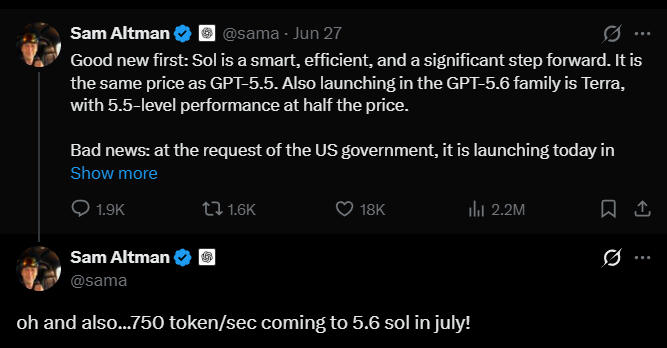 Sam Altman (@sama) posted on June 27 announcing new GPT-5.6 models Sol and Terra, with a follow-up tweet teasing "750 token/sec coming to 5.6 sol in July" — a promise tied to Cerebras that remains unfulfilled as the month ends.