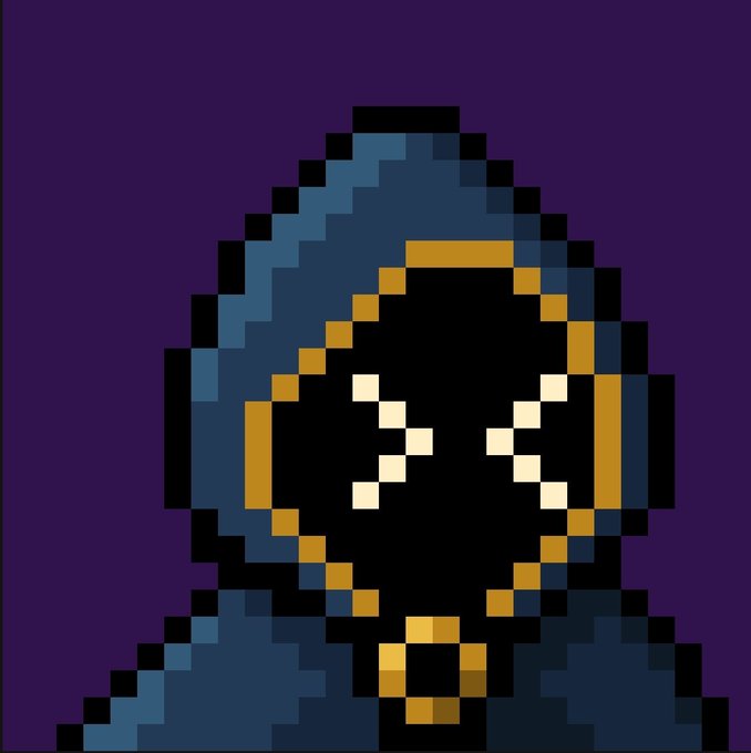 A pixel-art style illustration of a hooded figure with a dark, glowing-eyed mask against a purple background.