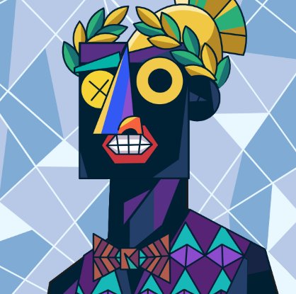 A colorful cubist-style digital artwork of a figure with abstract facial features, X and O eyes, a wide grinning mouth, a golden laurel wreath/crown, and geometric patterned clothing against a light blue triangular background.