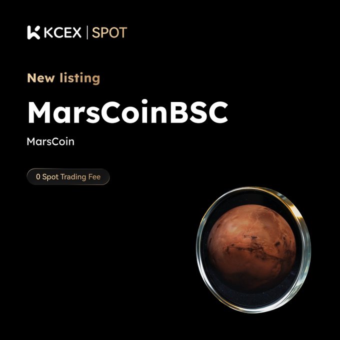 A KCEX Spot exchange listing announcement for MarsCoin (MarsCoinBSC) featuring 0 Spot Trading Fee, accompanied by an image of the planet Mars inside a glass sphere.